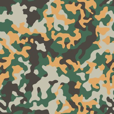 Camouflage pattern background, seamless vector illustration. Classic clothing style masking camo repeat print. Green, brown and yellow colors, autumn forest texture. 