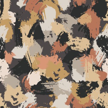 Brown camouflage with dry brush strokes, seamless grunge pattern. Modern military camo texture, fashionable fabric. Stock vector illustration.
