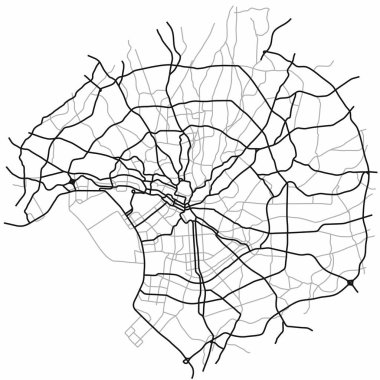 Tokyo şehir haritası (Japonya) - şehir caddeleri planın üzerinde. Yol şemasının tek renkli çizgi haritası. Kentsel çevre, mimari altyapı. Vektör 