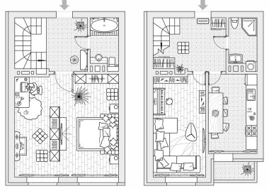 Mobilyalı iki katlı bir daire planlamak. Evin mimari çizimi (üst görünüm). İç dizayn kat planı yukarıdan. Vektör yerleşimi