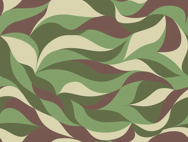 卷曲波纹 彩色曲线 花式抽象迷彩花瓣花纹 矢量绿色卡其叶无缝迷彩背景 用于在纸或织物上印刷的纹理墙纸 — 图库矢量图片