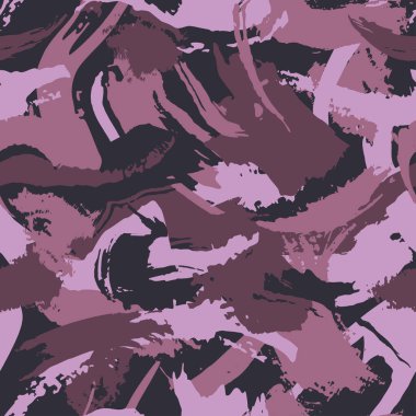 Modern moda tasarımını kamufle et. Fırça darbeleriyle el yapımı klasik kamuflaj. Kestane rengi, modaya uygun, kumaş. Vektörsüz grunge deseni.