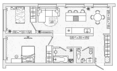 Daire stüdyosu, daire ya da kat planı. İç dizayn elementleri mutfak, yatak odası, banyo, mobilyalı oturma odası. Mobilya ikonları planlamak için. Üst görünümde vektör mimari planı