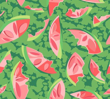 Karpuzlu kusursuz çizim. Karpuzlu sulu, dikişsiz yaz deseni. Duvar kağıdı, ambalaj kağıdı, tekstil, arka plan için vektör çizimi. kırmızı sulu yaz meyvesi