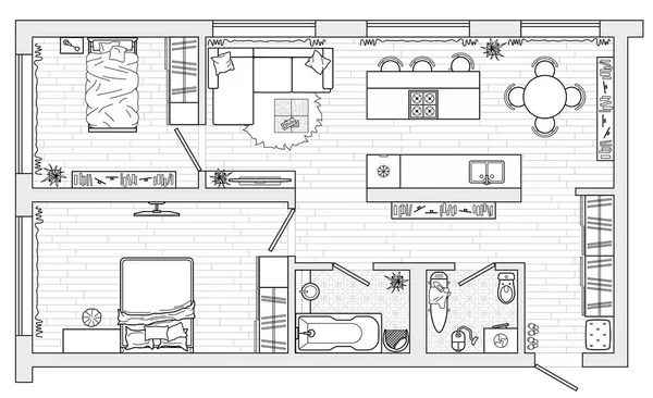Appartement Studio Flat Huis Plattegrond Interieur Elementen Keuken Slaapkamer Badkamer — Stockvector