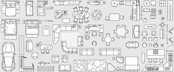 Set top view for interior icon design. Floor plan.Architecture plan with furniture in top view. The layout of the apartment, technical drawing  kitchen, living room and bedroom. Vector Illustration.