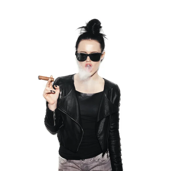 Sexy woman in sunglasses blowing smoke from a cigar — Stock Photo, Image