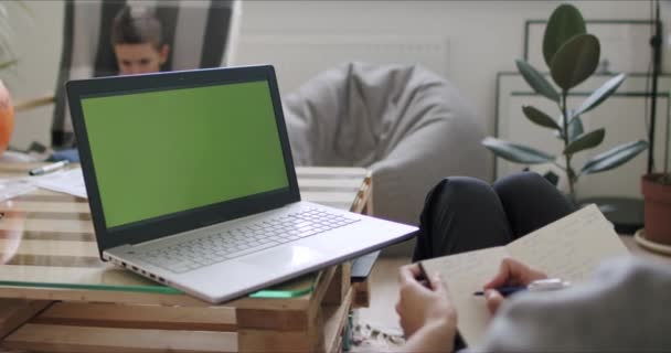 Жінка тримає комп'ютер з зеленим екраном — стокове відео