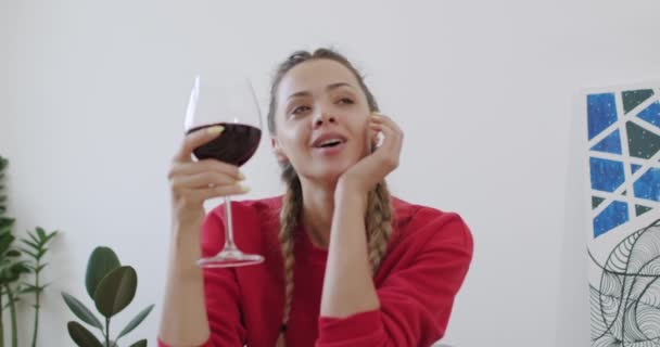 Femme prenant un verre de vin tout en bavardant avec un ami — Video