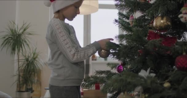 Chica feliz decorando árbol de Navidad — Vídeo de stock