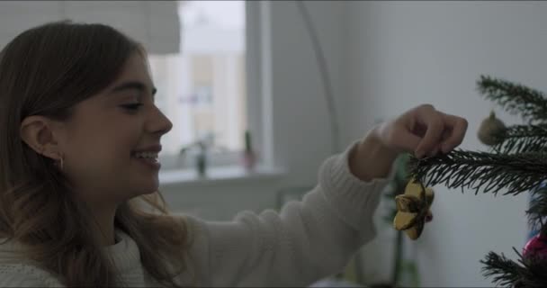Happy girl dekorasi pohon Natal — Stok Video
