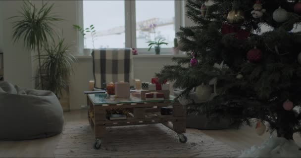 Julgran inomhus vardagsrum panorama — Stockvideo