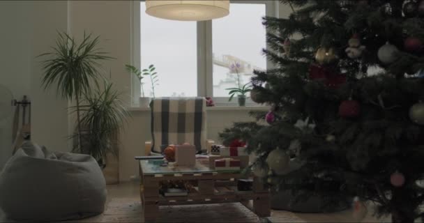 Julgran inomhus vardagsrum panorama — Stockvideo