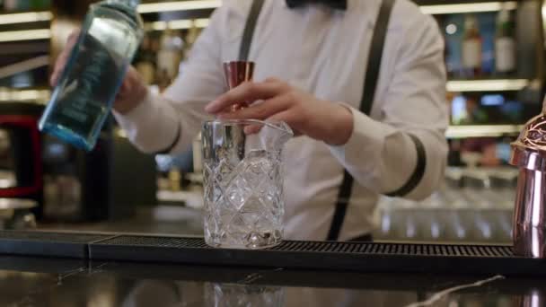 Camarero mezclando cóctel alcohólico en el bar — Vídeos de Stock