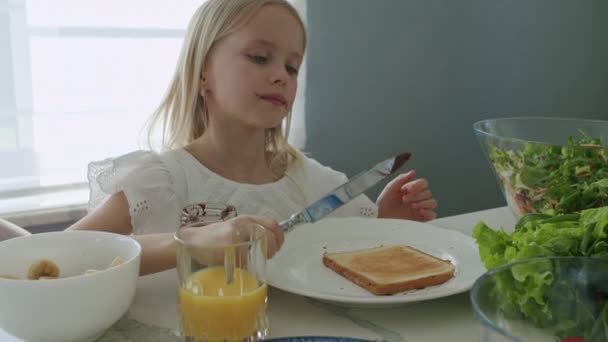 Chocolade notenpasta op toast brood — Stockvideo