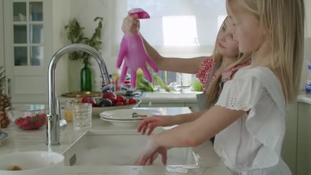Ευτυχισμένα δύο κορίτσια πλένουν πιάτα — Αρχείο Βίντεο