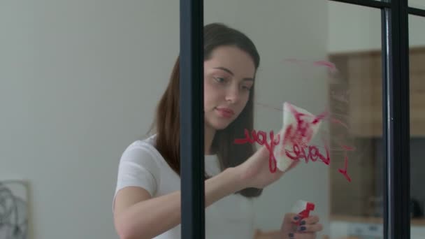 Женщина моет окно с брызгами — стоковое видео