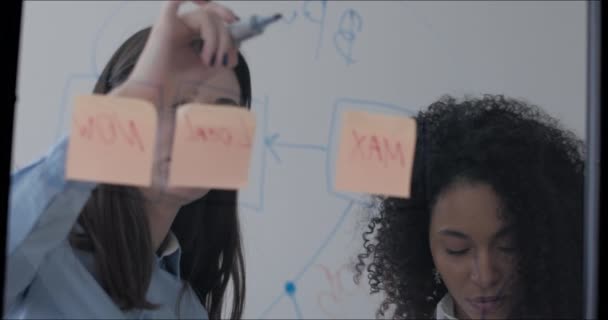 Trabajadoras de oficina utilizando tablero de vidrio — Vídeo de stock