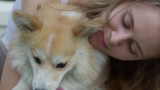Gelukkig vrouw knuffelen corgi hond — Stockvideo