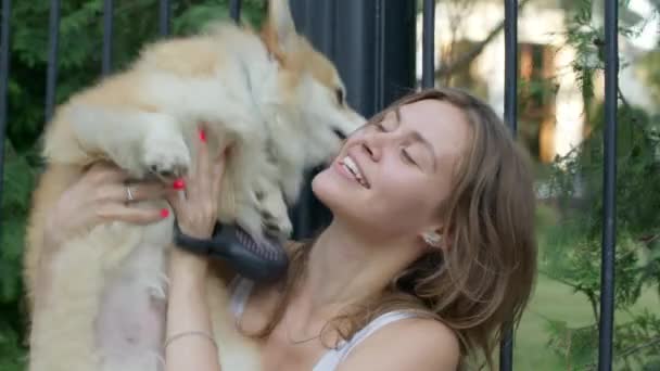 Szczęśliwa kobieta przytulająca corgi dog — Wideo stockowe