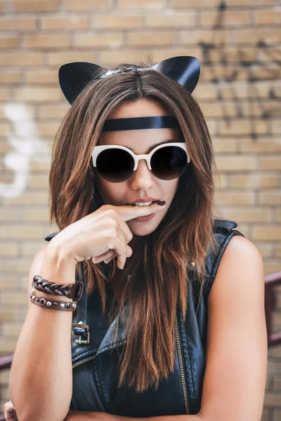 Bad girl with leather cat ears — Stock Photo, Image