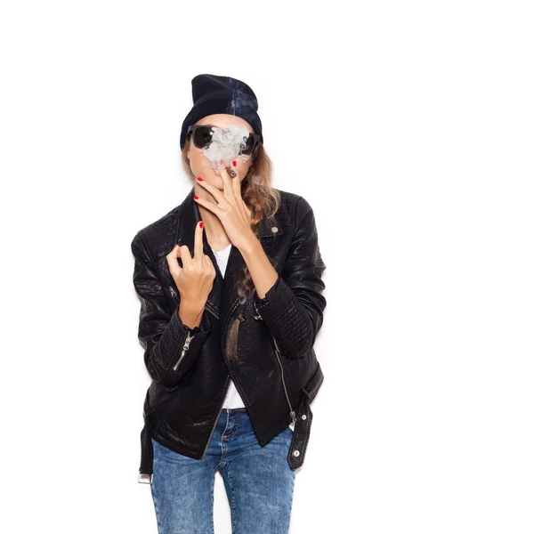 Hipster girl showing middle finger over white — Stock Photo, Image