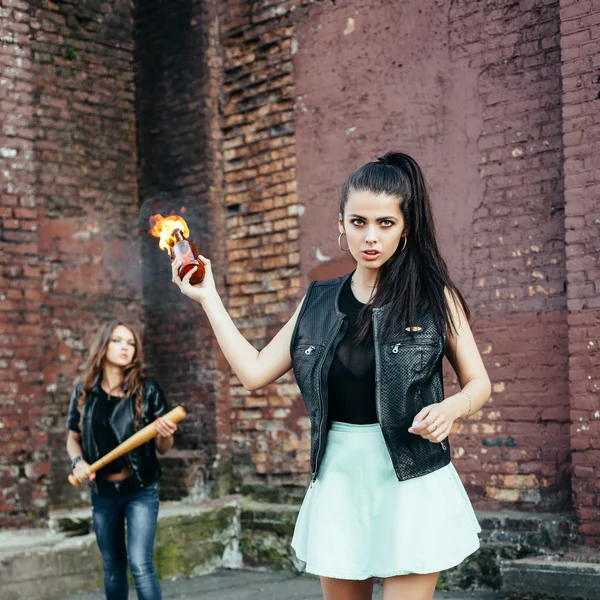 Two Bad ans with Molotov cocktail bomb in the street — Stock Photo, Image