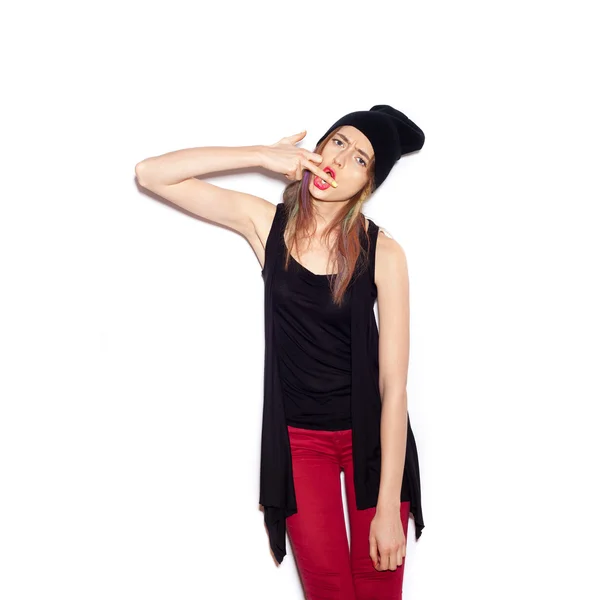 Young woman showing middle finger over white — Stock Photo, Image