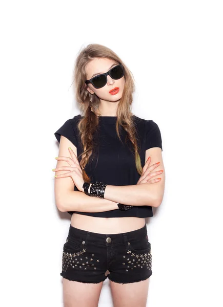 Fashion girl hipster with two long braids in sunglasses — Stock Photo, Image