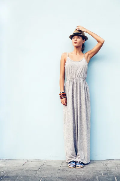 Portrait of beautiful young woman with hat — Stock Photo, Image