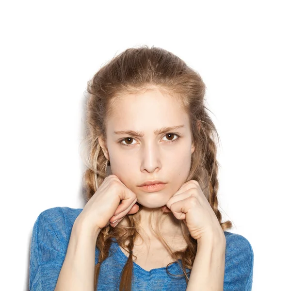 Girl with two hands in fists, face contorted in anger — Stock Photo, Image