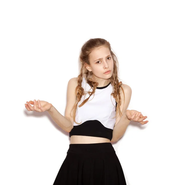 Fashion girl hipster with pigtails in a black skirt — 图库照片