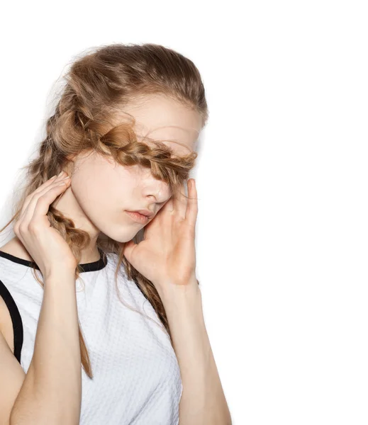 Girl hipster with pigtails closing her eyes hair — Stock Photo, Image