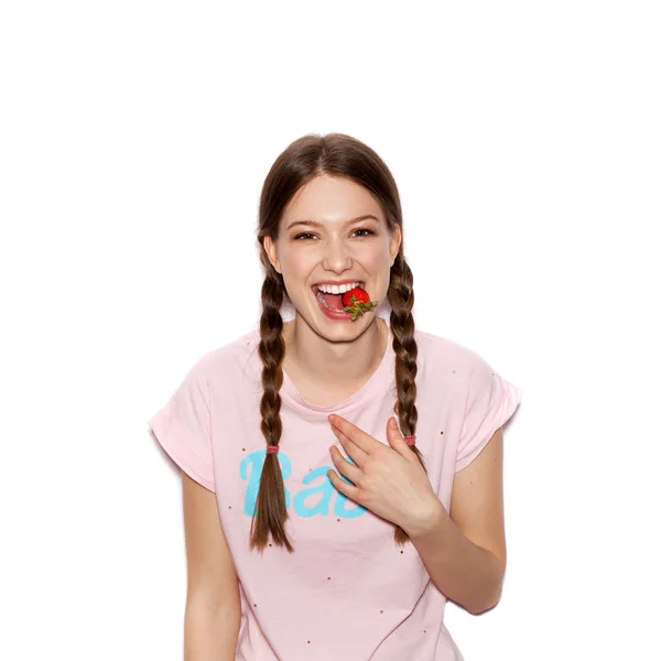 Smiling Woman with bright makeup and pigtails — Stock Photo, Image