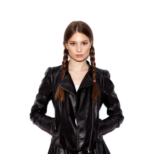 Woman with pigtails in black leather jacket — Stock Photo, Image