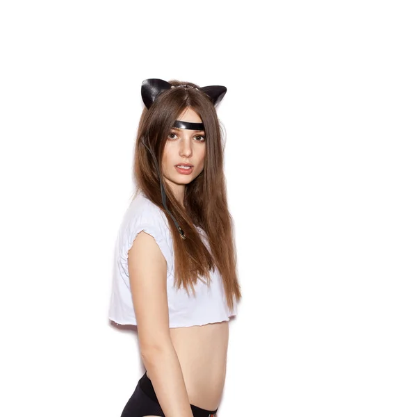 Young pretty woman with leather cat ears — Stock Photo, Image