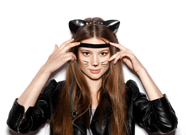Young sexy brunette woman wearing cat ears — Stockfoto