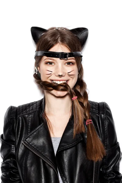 Funny girl represents as small cat having fun — Stock Photo, Image