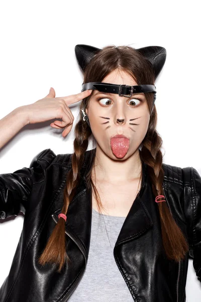 Funny woman represents as small cat having fun — Stock Photo, Image