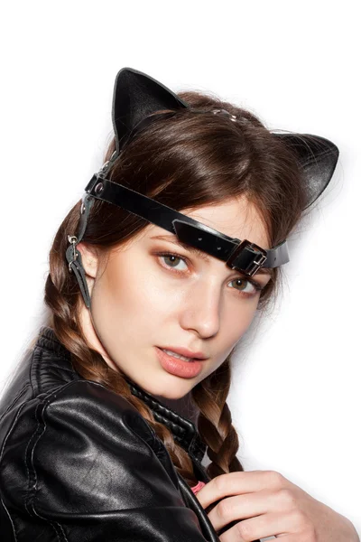 Young pretty woman with leather cat ears — Stock Photo, Image