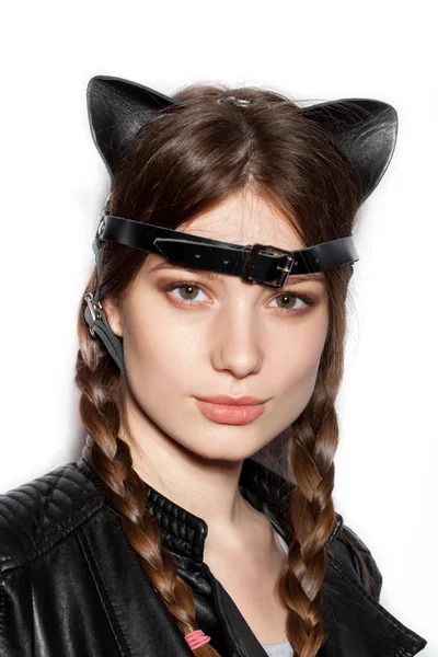 Young pretty woman with leather cat ears — Stock Photo, Image