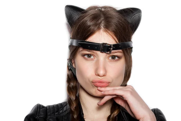 Young pretty woman with leather cat ears