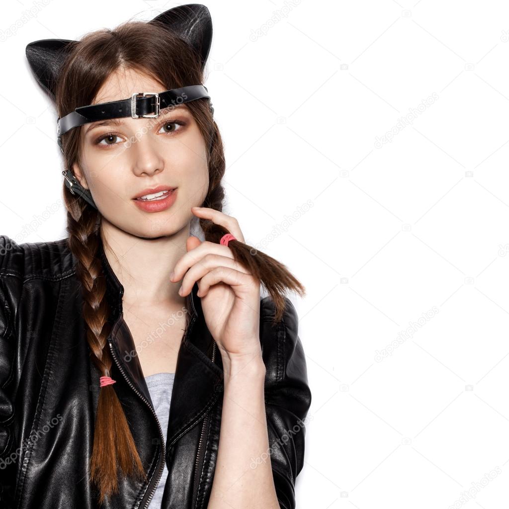 楽しい小さな猫として面白い女性を表します ストック写真 Johan Jk