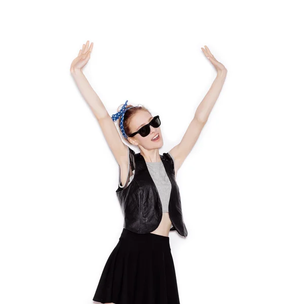 Girl with hands up laughing and dancing — Stok fotoğraf