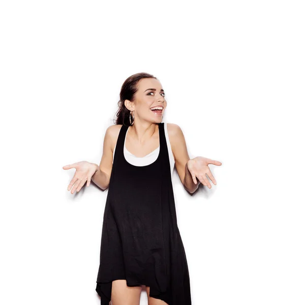 Menina em camisa preta no fundo branco não isolado — Fotografia de Stock