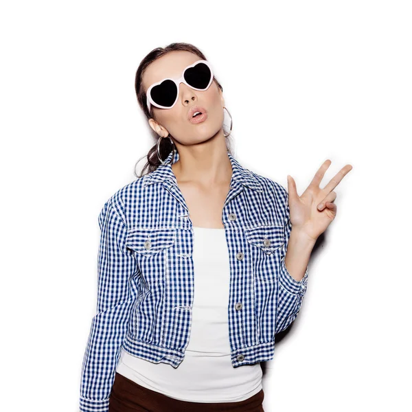 Girl in sunglasses on white background not isolated — Stock Photo, Image