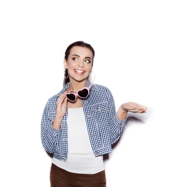 Young sexy woman in sunglasses on white background — Stock Photo, Image