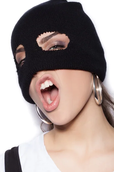 Anger girl in balaclava - crime and violence — Stock Photo, Image