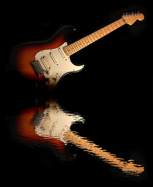 Concept of reflection of the electric guitar in the water