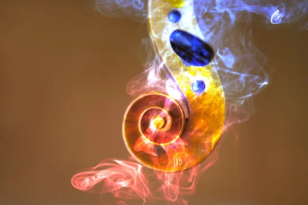 Old violin head surrended with colored smoke and flames — Stock Photo, Image
